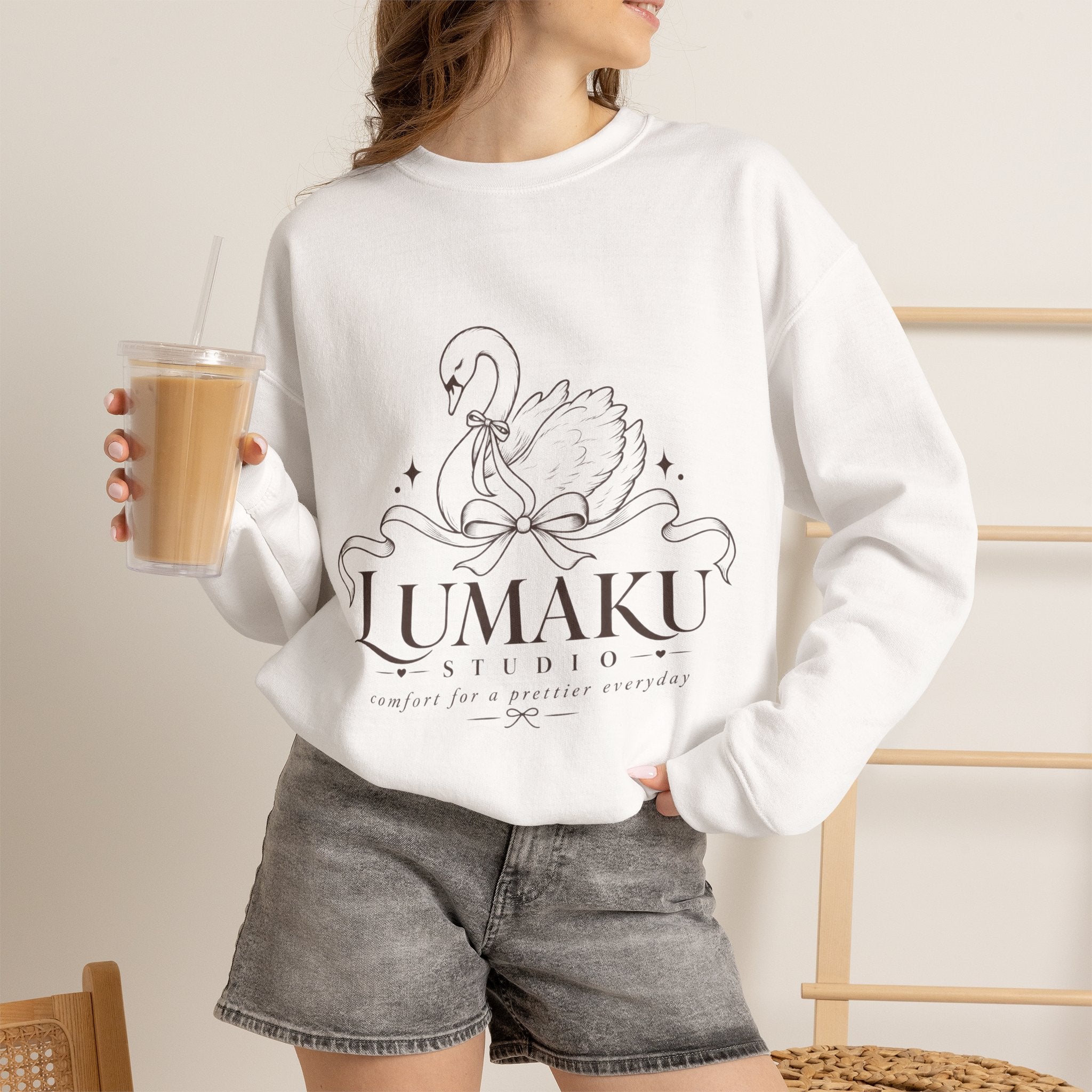 LUMAKU Swan Bow Crewneck — Graceful Swan & Ribbon Sweatshirt