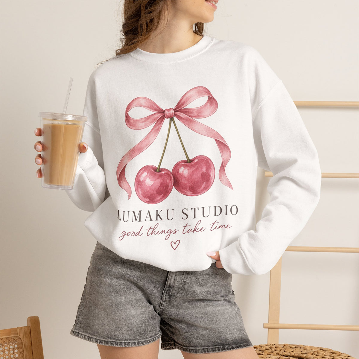 LUMAKU Cherry Ribbon Crewneck — Watercolor Cherry & Ribbon Sweatshirt