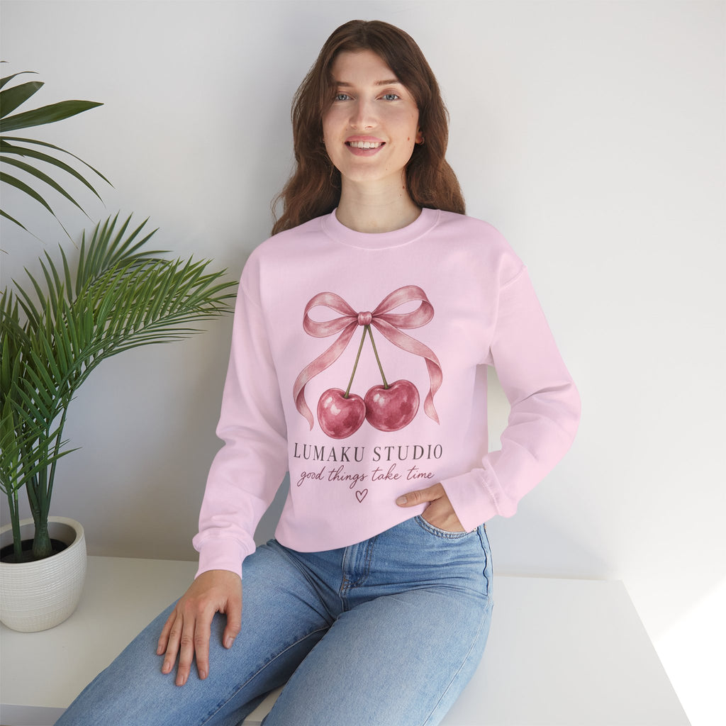 LUMAKU Cherry Ribbon Crewneck — Watercolor Cherry & Ribbon Sweatshirt