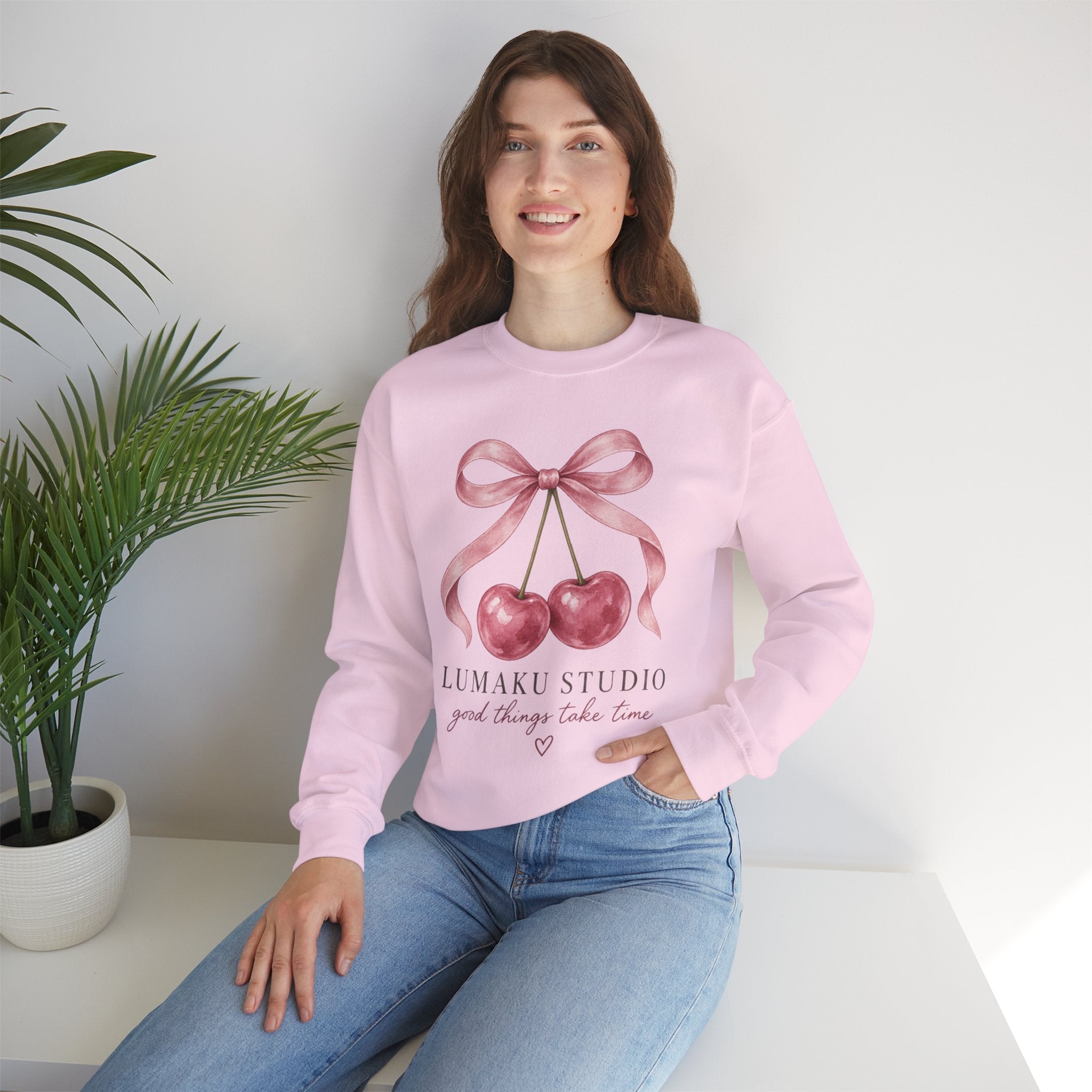 LUMAKU Cherry Ribbon Crewneck — Watercolor Cherry & Ribbon Sweatshirt