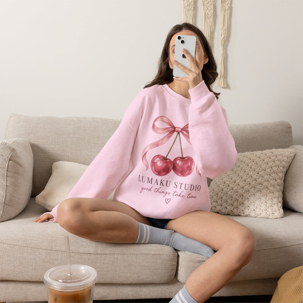 LUMAKU Cherry Ribbon Crewneck — Watercolor Cherry & Ribbon Sweatshirt