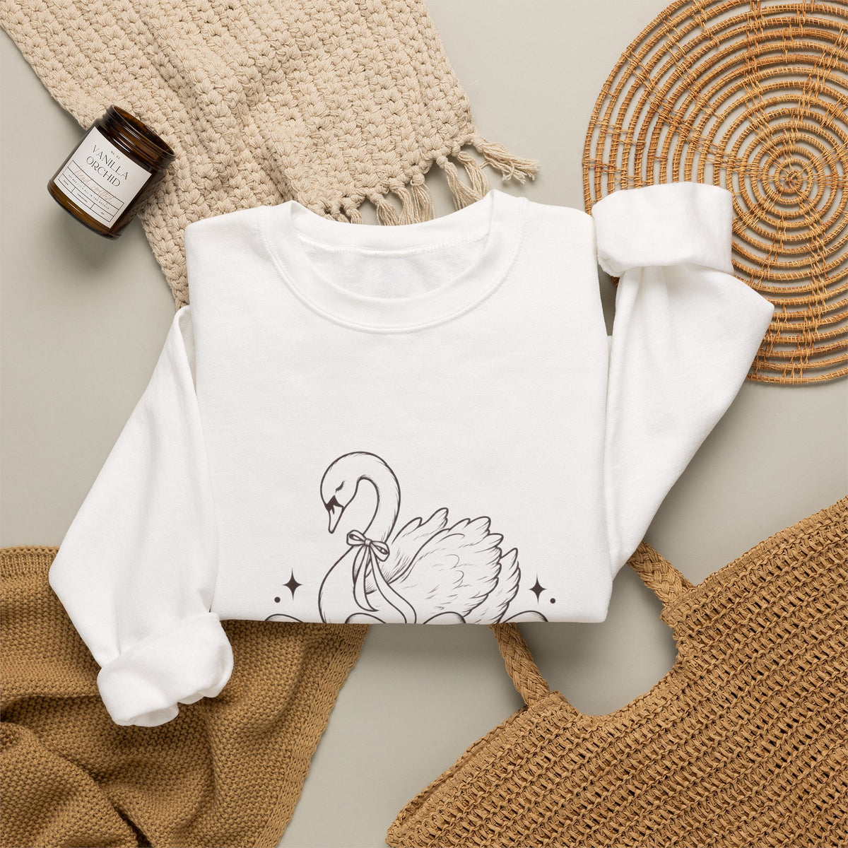 LUMAKU Swan Bow Crewneck — Graceful Swan & Ribbon Sweatshirt