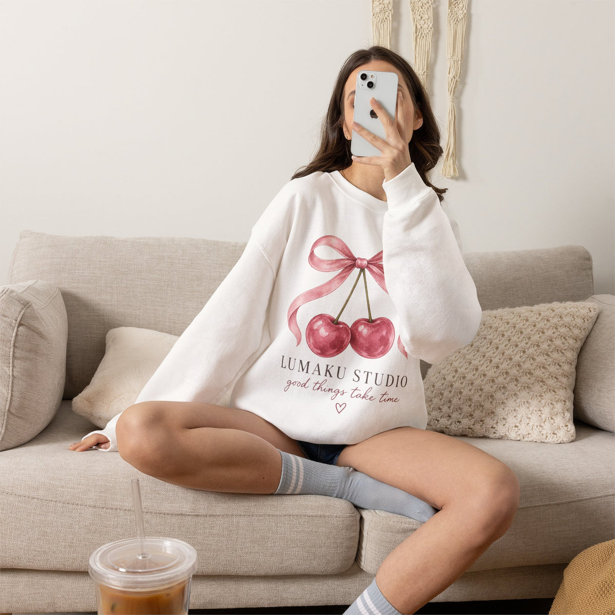 LUMAKU Cherry Ribbon Crewneck — Watercolor Cherry & Ribbon Sweatshirt