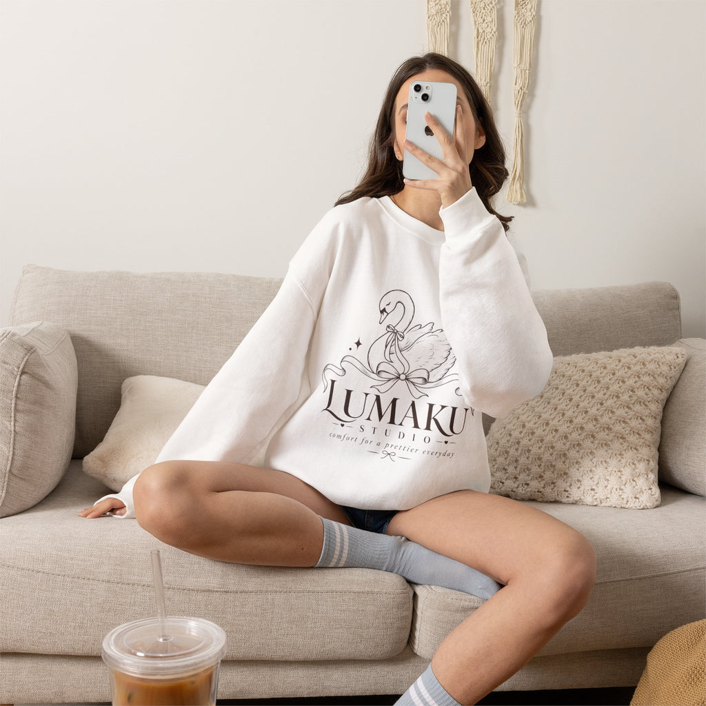 LUMAKU Swan Bow Crewneck — Graceful Swan & Ribbon Sweatshirt