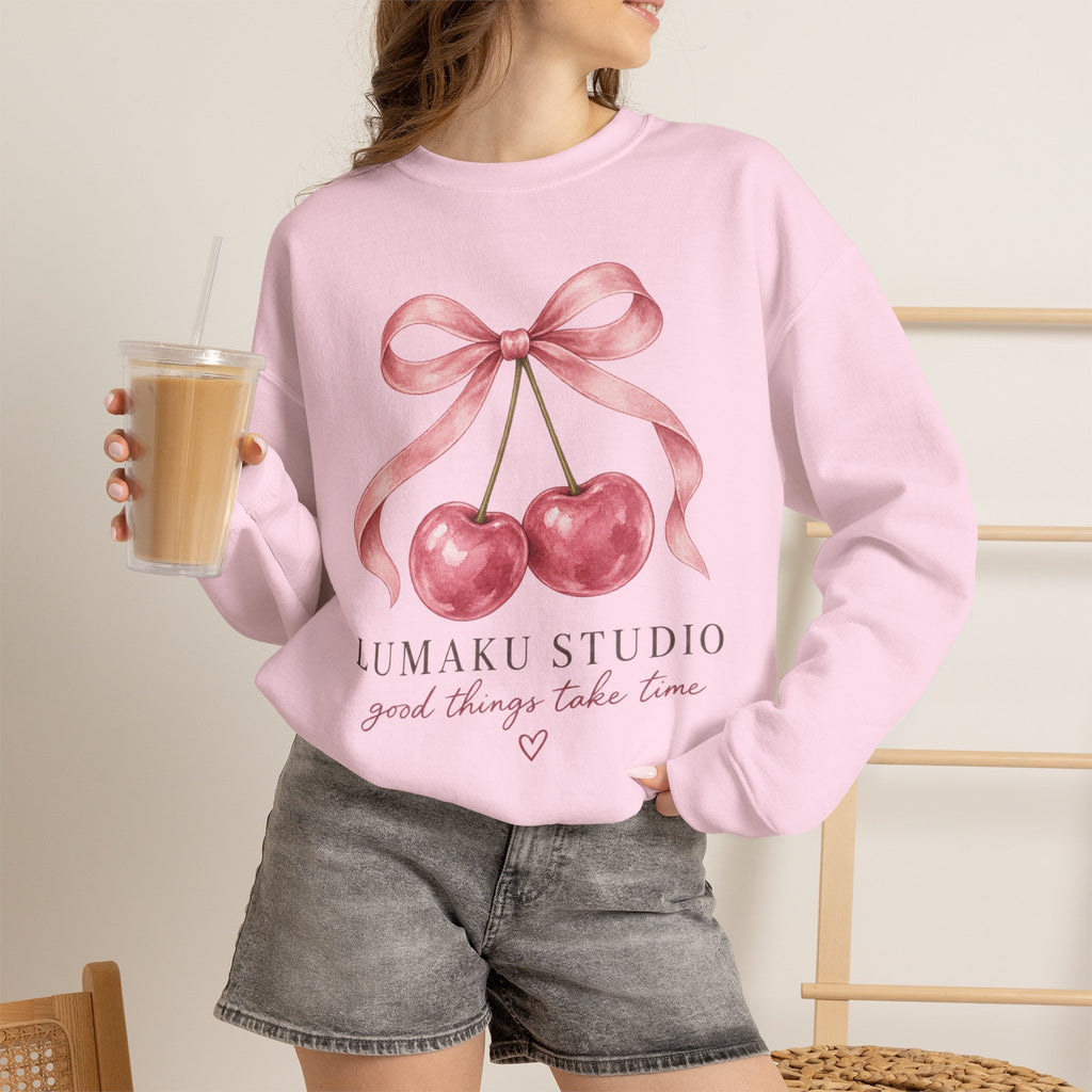 LUMAKU Cherry Ribbon Crewneck — Watercolor Cherry & Ribbon Sweatshirt