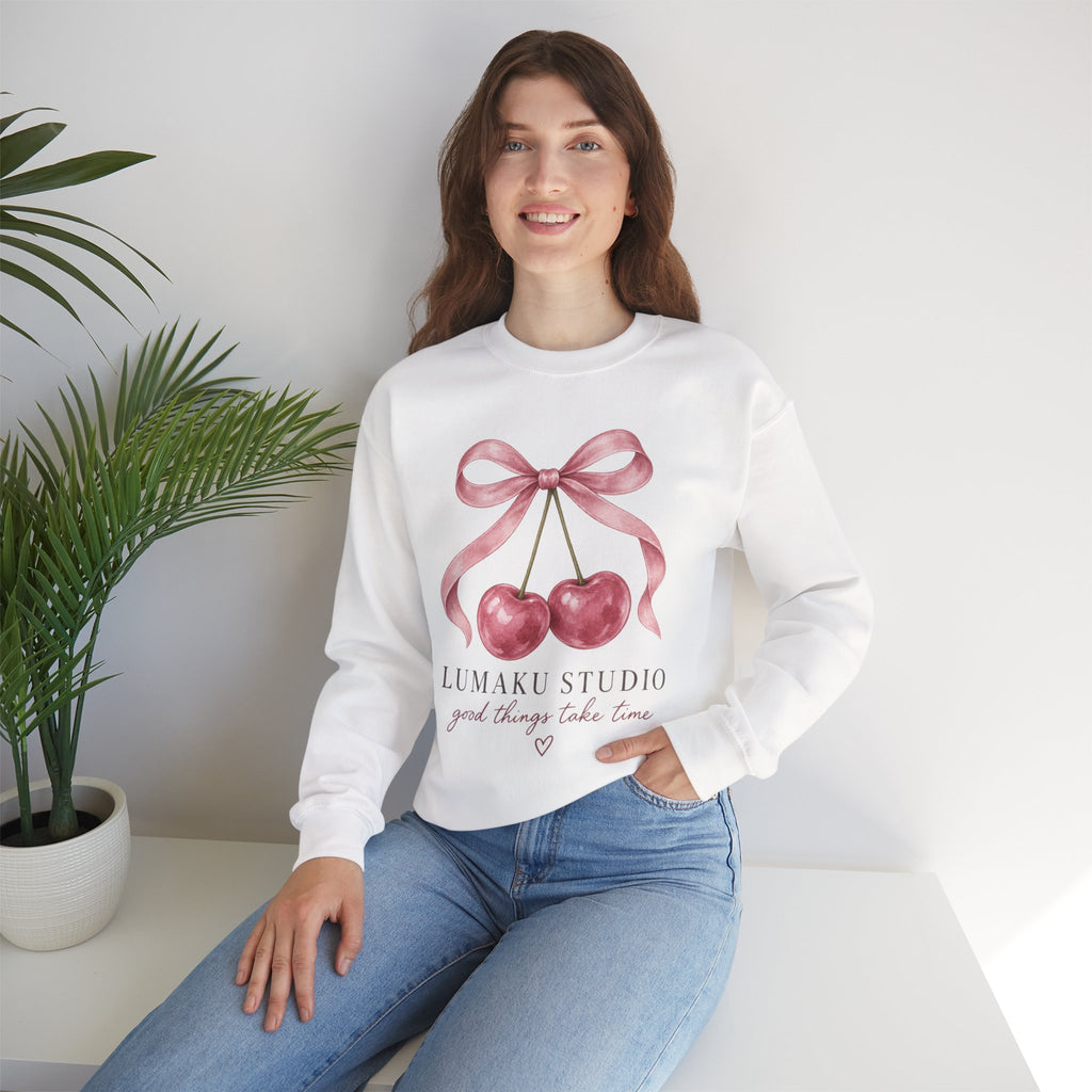 LUMAKU Cherry Ribbon Crewneck — Watercolor Cherry & Ribbon Sweatshirt