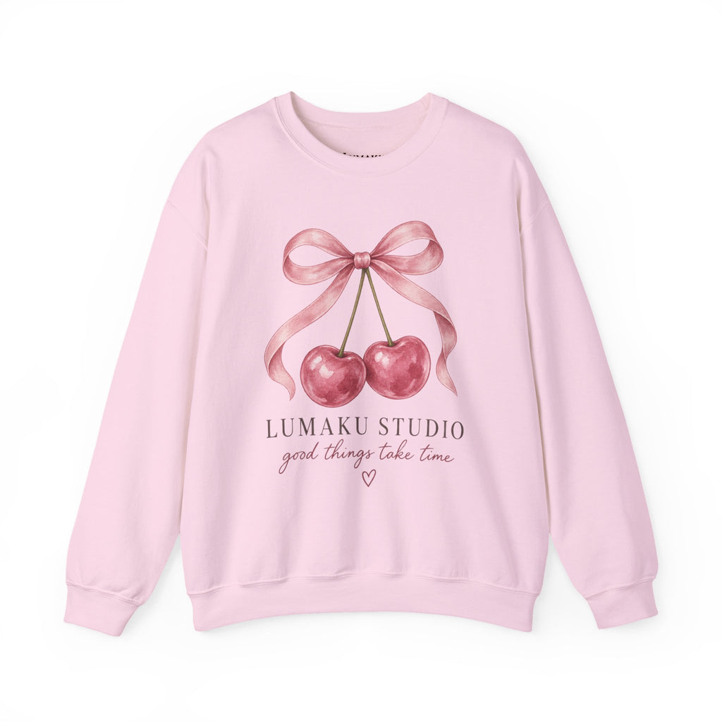 LUMAKU Cherry Ribbon Crewneck — Watercolor Cherry & Ribbon Sweatshirt