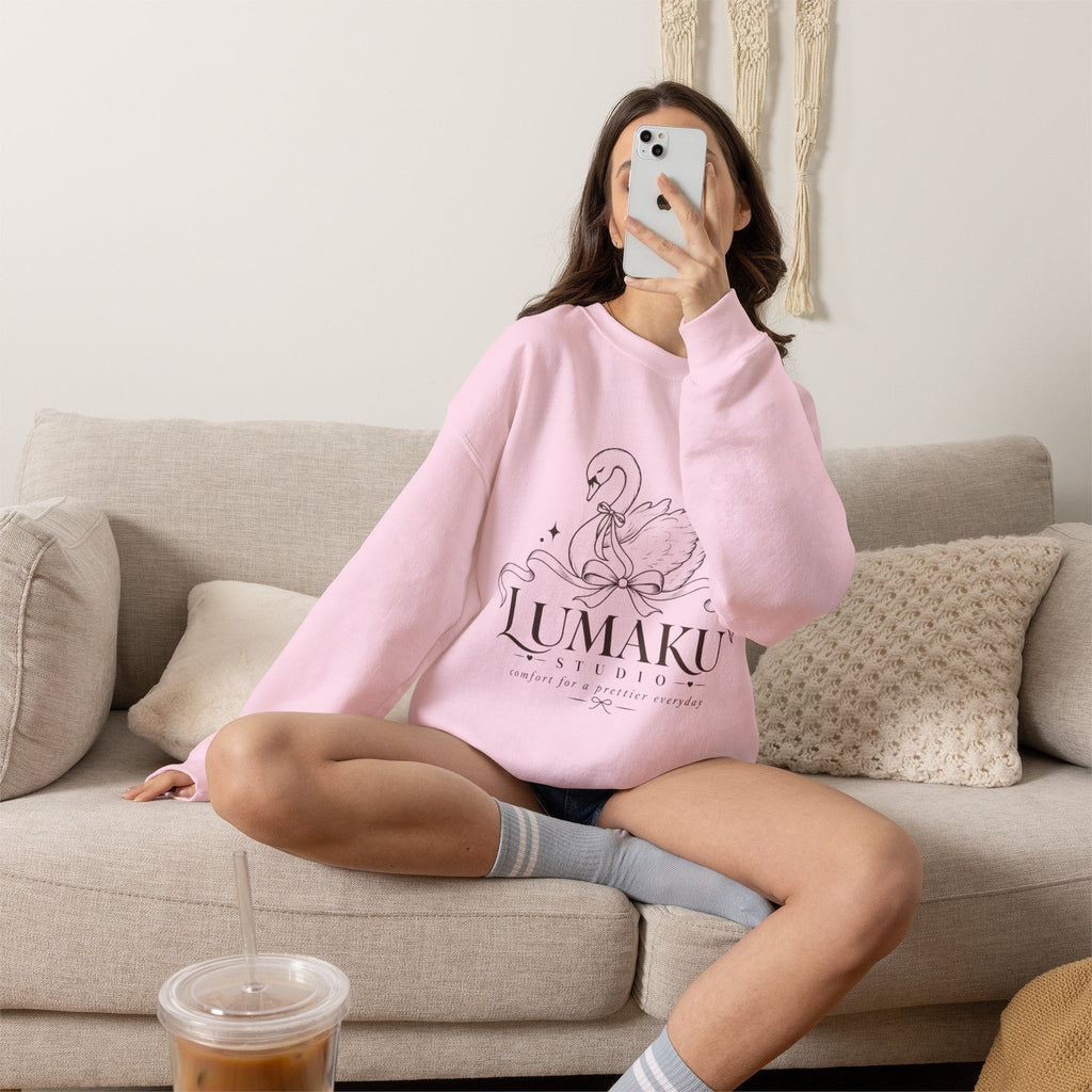 LUMAKU Swan Bow Crewneck — Graceful Swan & Ribbon Sweatshirt