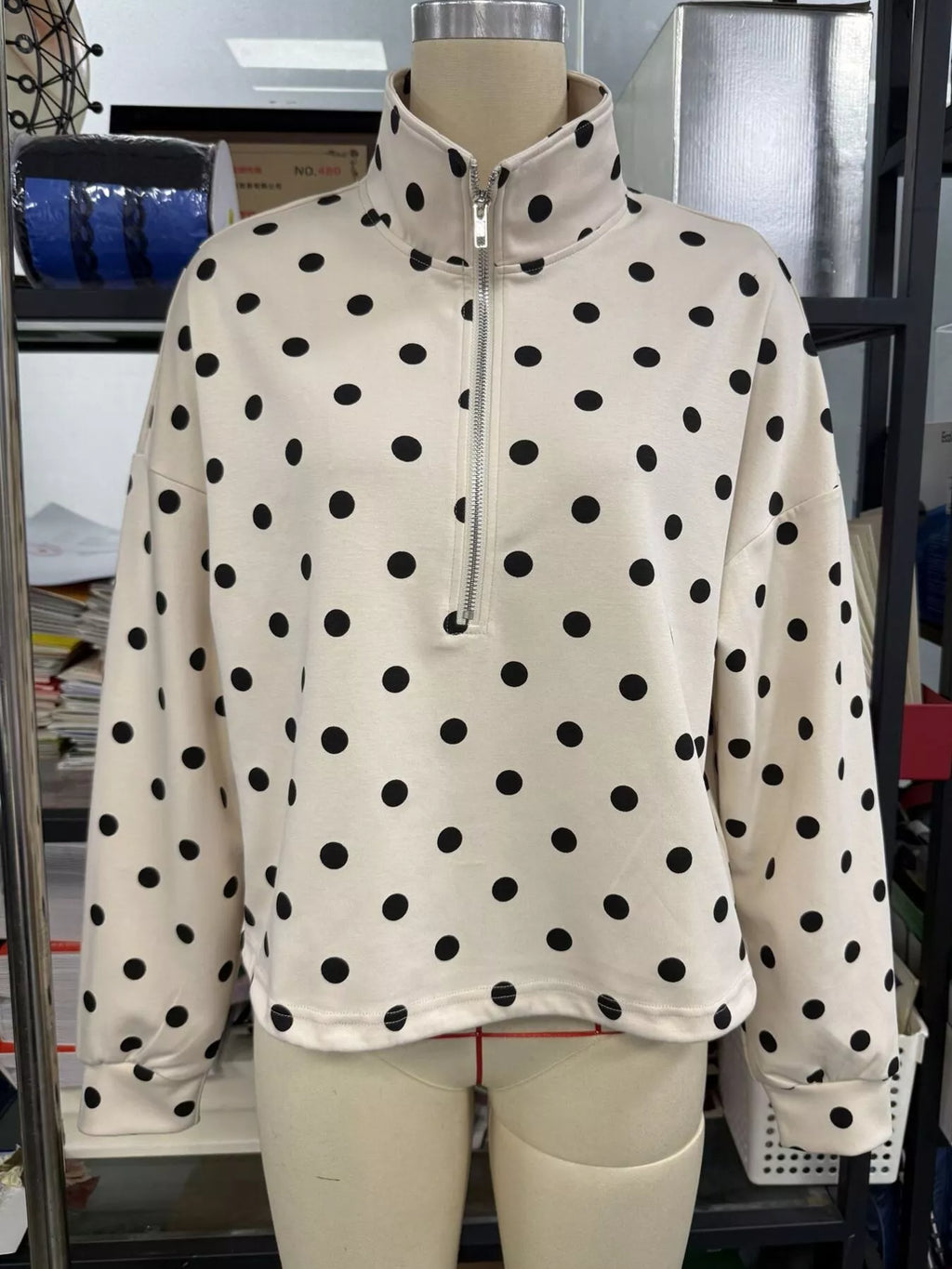Polka Dot Half-Zip Cropped Sweatshirt by Lumaku Studio